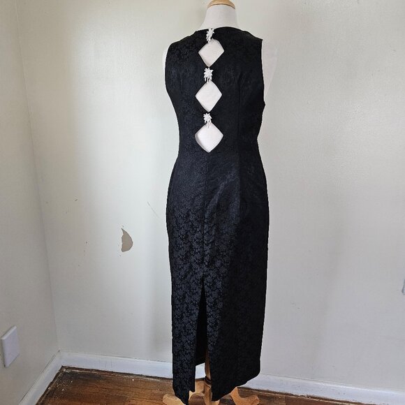 Vintage 90s Black Brocade Evening Dress M - Picture 5 of 7